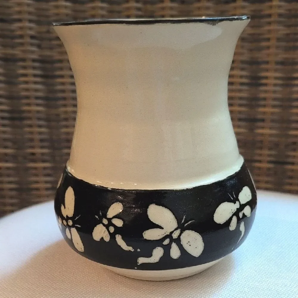 JH Pottery Handcrafted Black and Ivory Dragonfly Vase